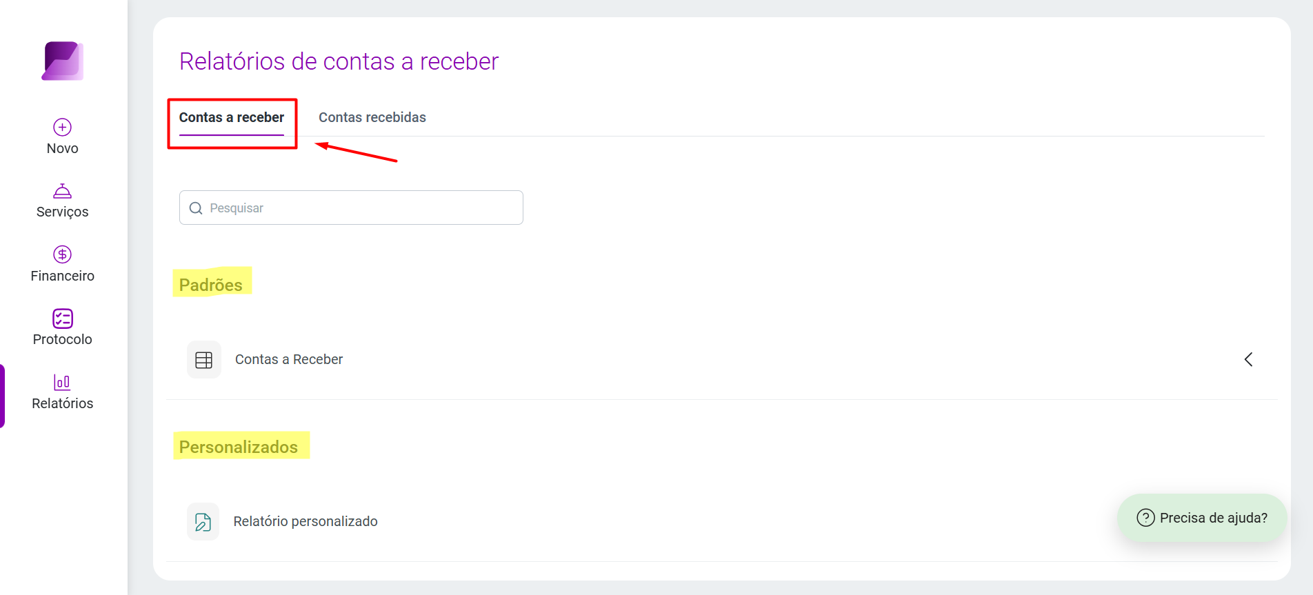 Tela de relatórios com a aba 'Contas a receber' destacada em vermelho, indicando a seleção para visualização financeira.