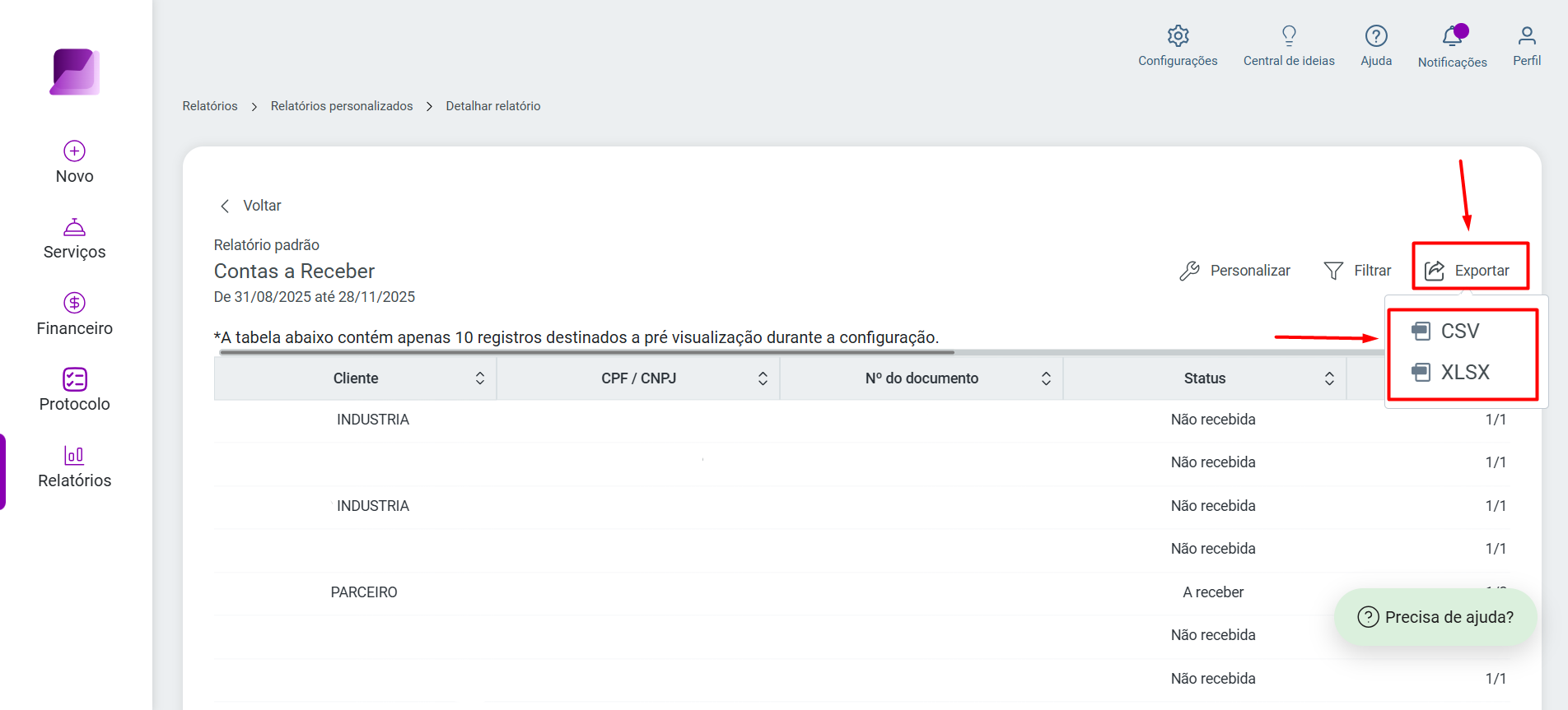 Botão 'Exportar' acionado com as opções de formato 'CSV' e 'XLSX' destacadas para o download do arquivo.