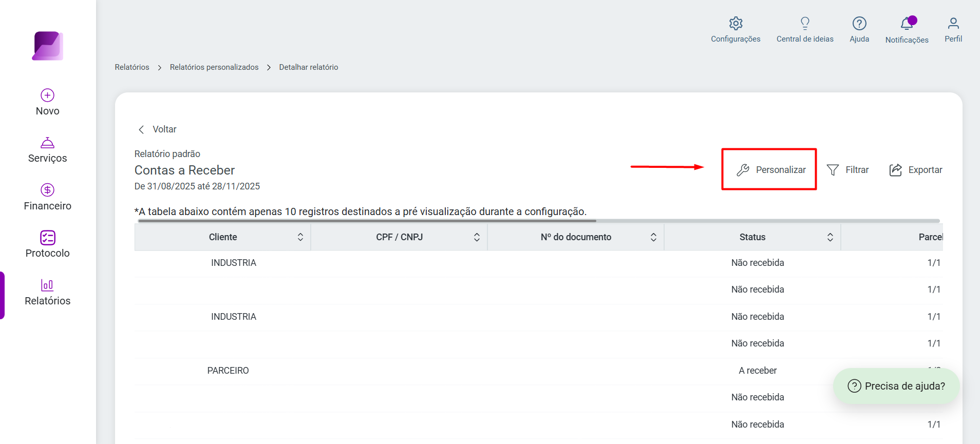 Cabeçalho do relatório com o botão 'Personalizar' destacado, permitindo ajustes nas configurações de visualização.
