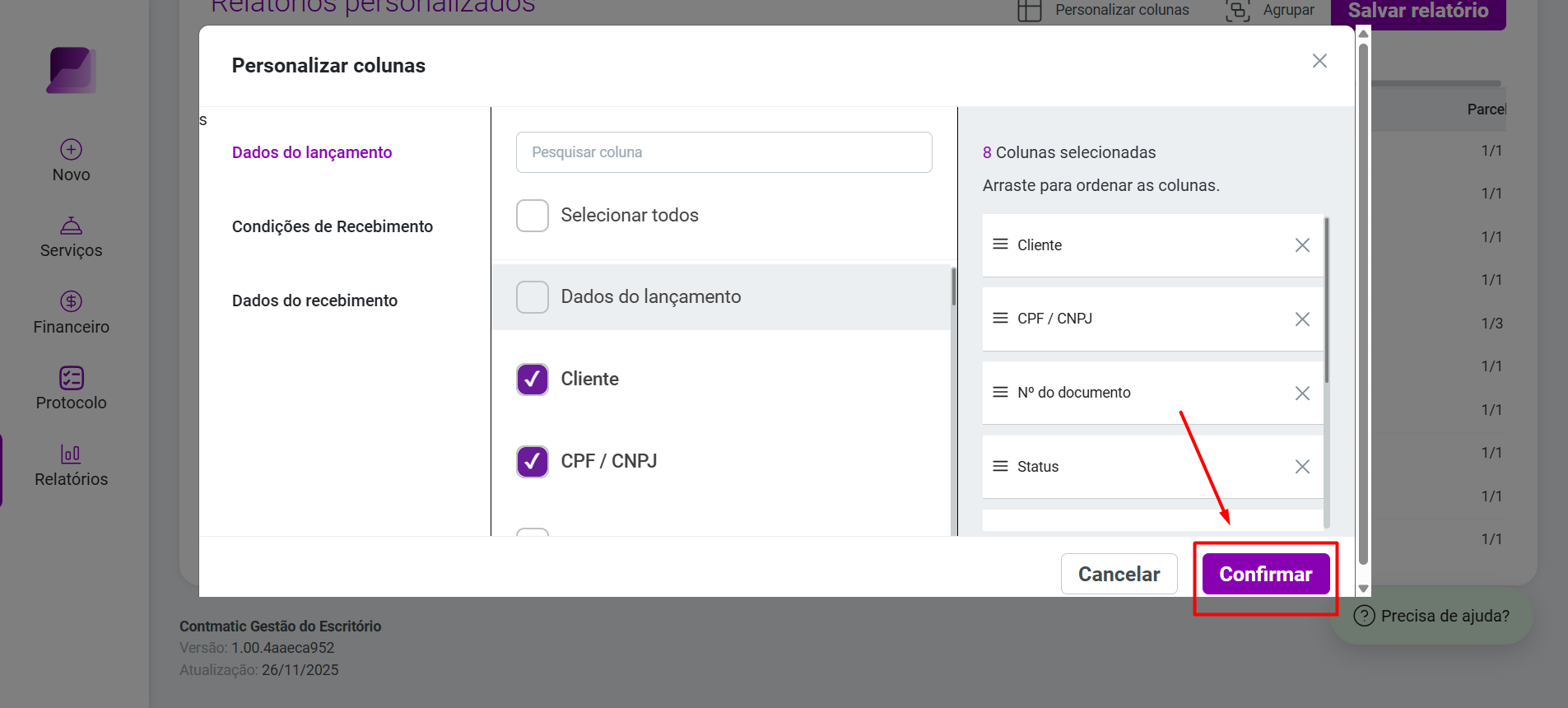 Janela Personalizar colunas exibindo opções de dados selecionadas e destaque para o botão Confirmar no canto inferior direito.