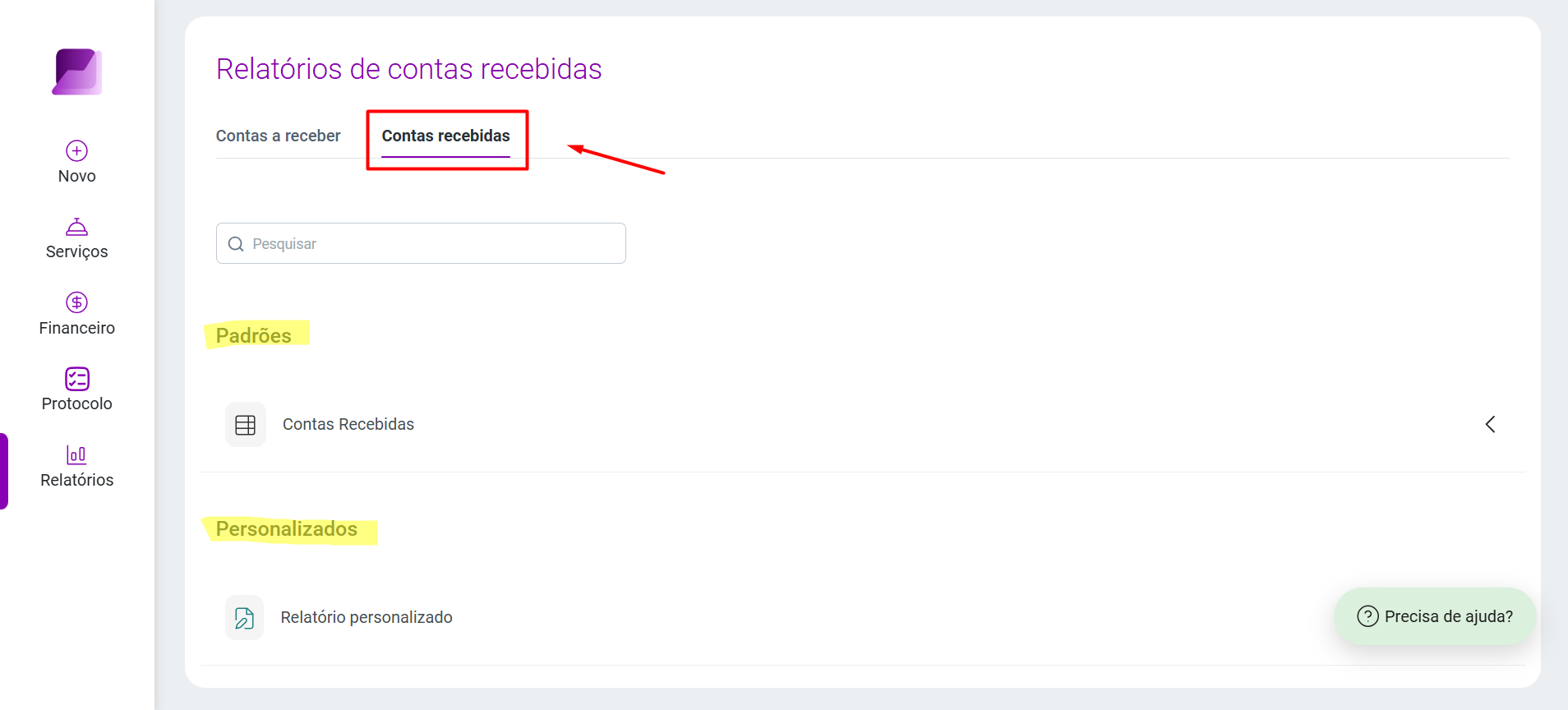 Tela Relatórios de contas recebidas, com destaque para a aba Contas recebidas localizada na barra de navegação superior.
