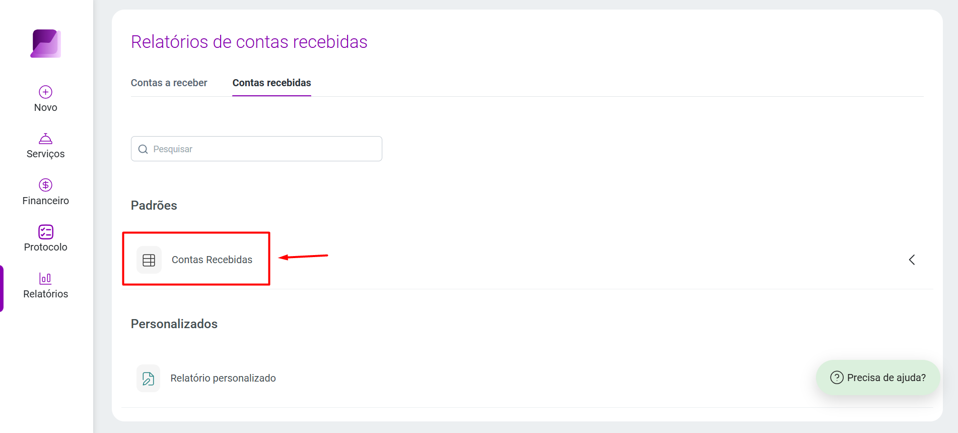 Tela Relatórios de contas recebidas destacando a opção Contas Recebidas listada na seção Padrões.