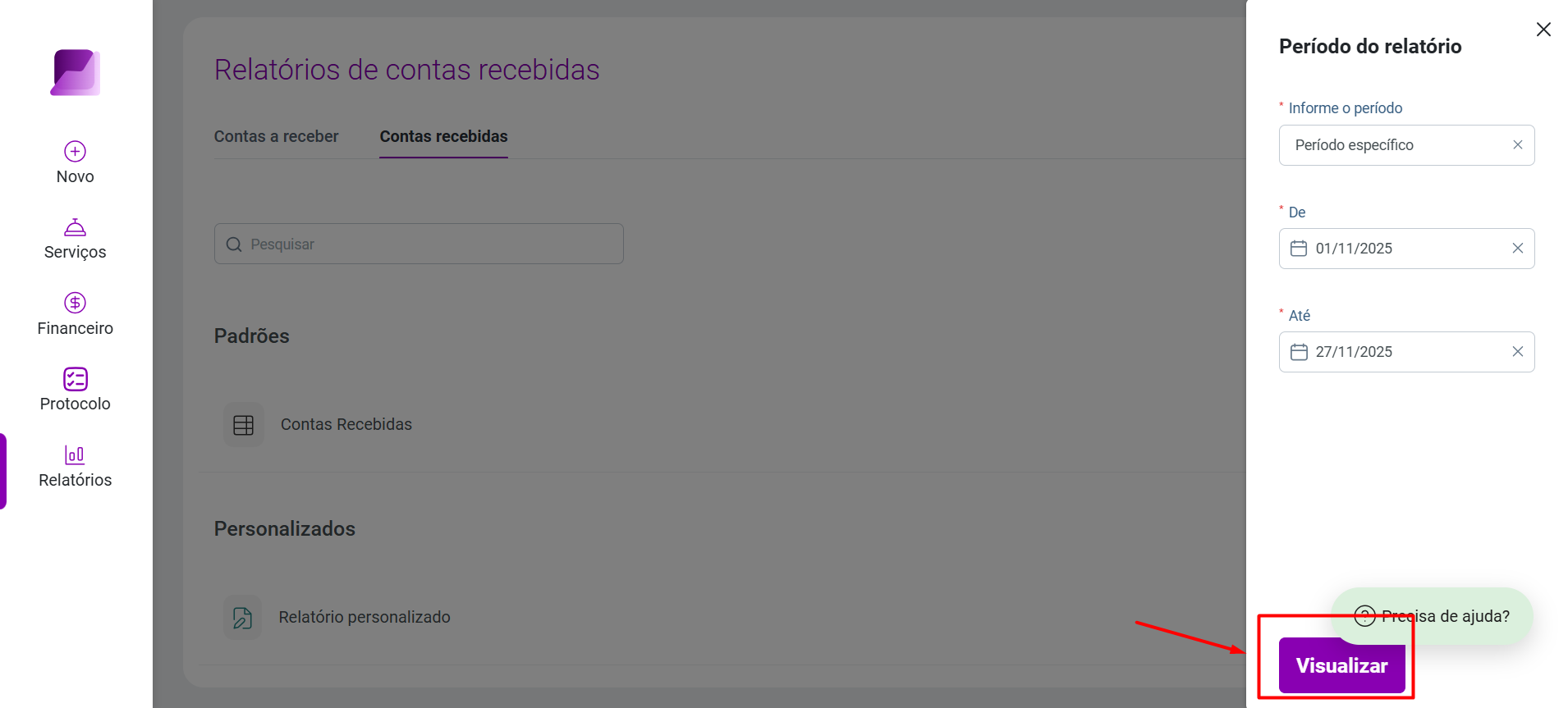 Tela de definição do período do relatório com datas preenchidas, destacando o botão Visualizar no canto inferior direito.