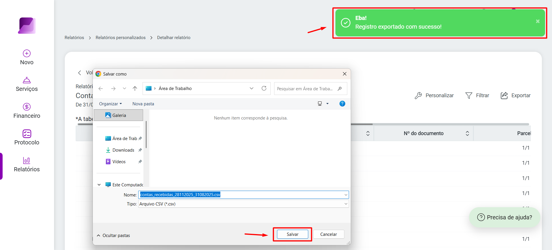Confirmação de 'Registro exportado com sucesso!' em um pop-up de 'Salvar como' que permite nomear o arquivo CSV e salvar na Área de Trabalho.