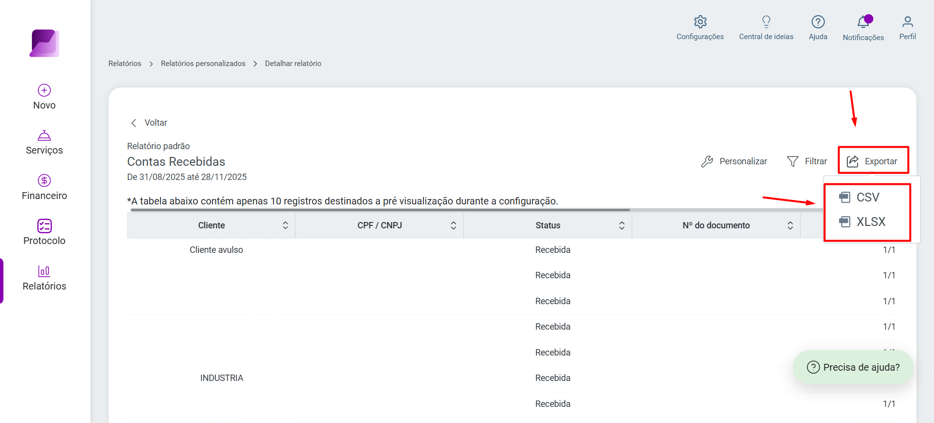 Tela de relatório com menu 'Exportar' expandido, mostrando as opções 'CSV' e 'XLSX' para download dos dados do relatório.
