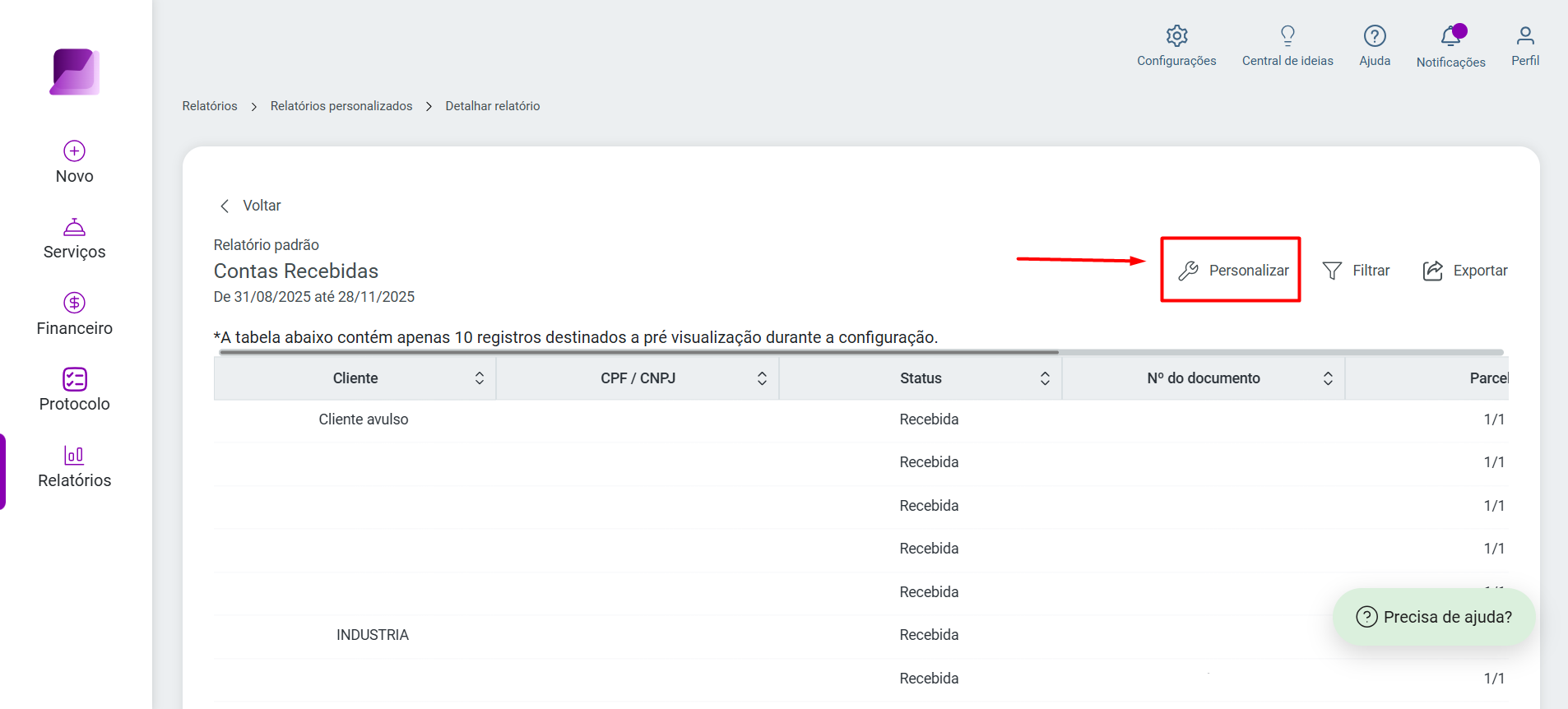 Tela de Detalhar relatório Contas recebidas, com o botão 'Personalizar' em destaque para iniciar a customização do relatório.