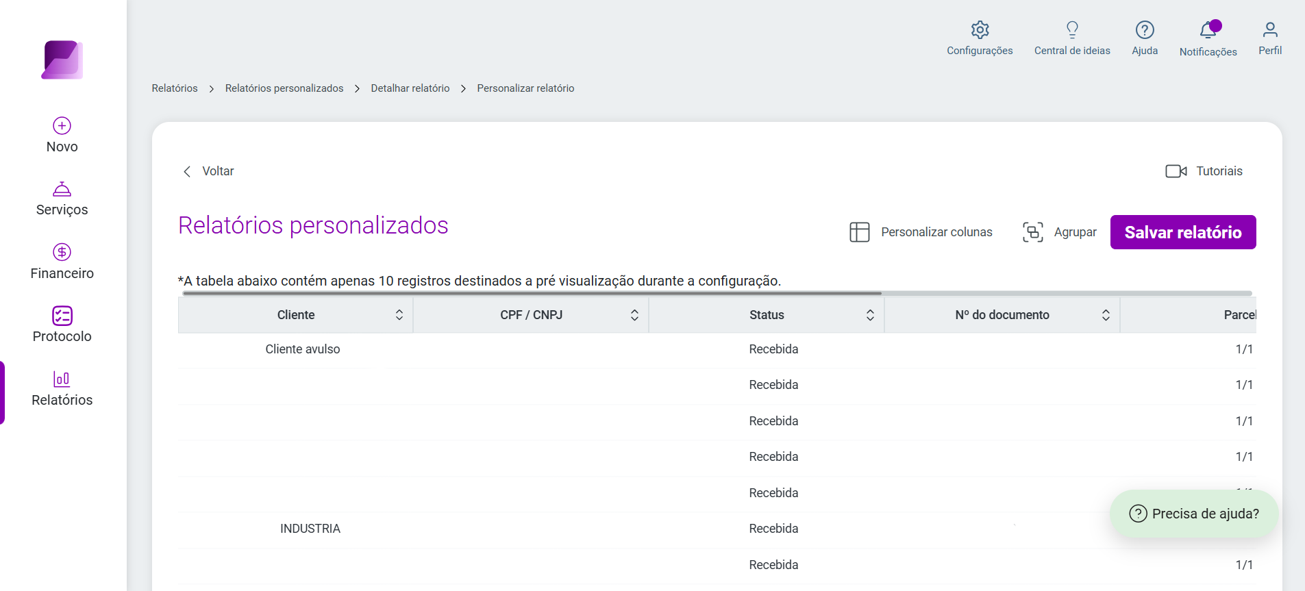 Tela de Relatórios personalizados após a customização, com a opção 'Salvar relatório' destacada.
