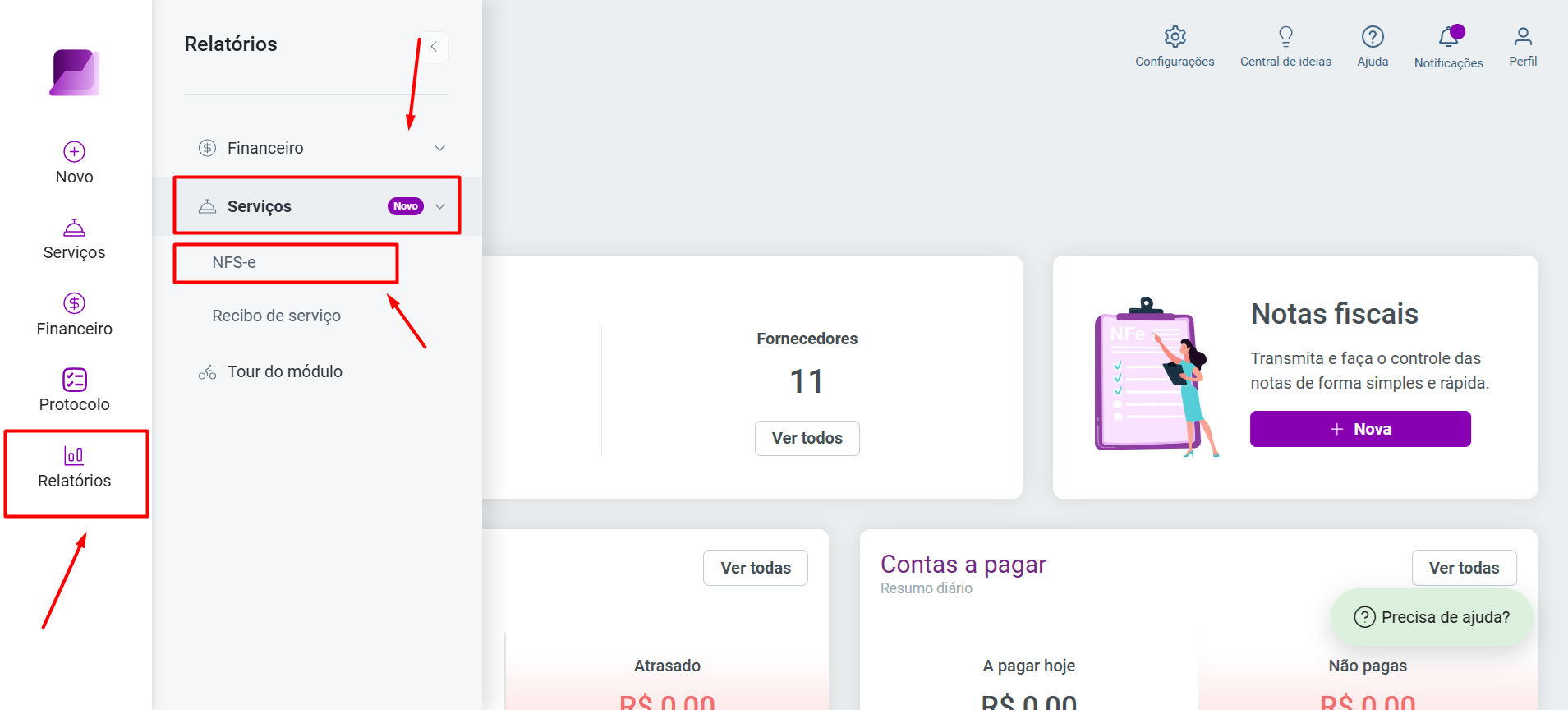 Menu lateral esquerdo expandido destacando a navegação via menu Relatórios, submenu Serviços e a opção NFS-e selecionada.