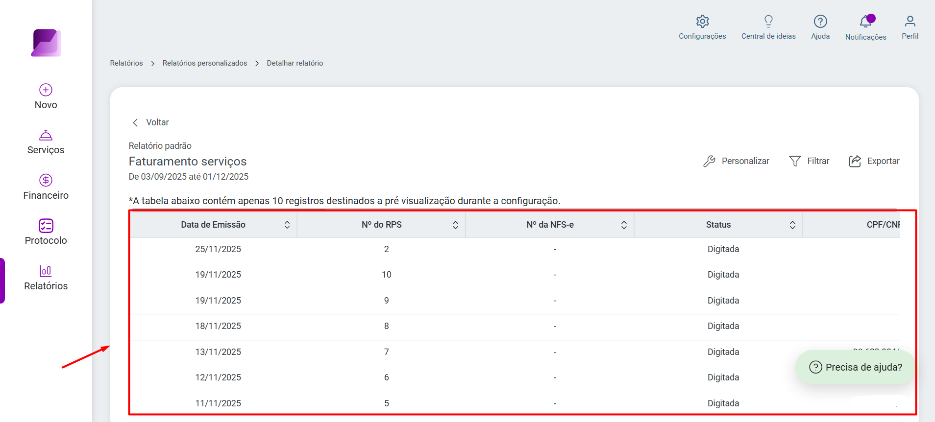 Tabela de resultados do relatório destacada em vermelho, exibindo colunas como Data de emissão, Nº do RPS e Status.