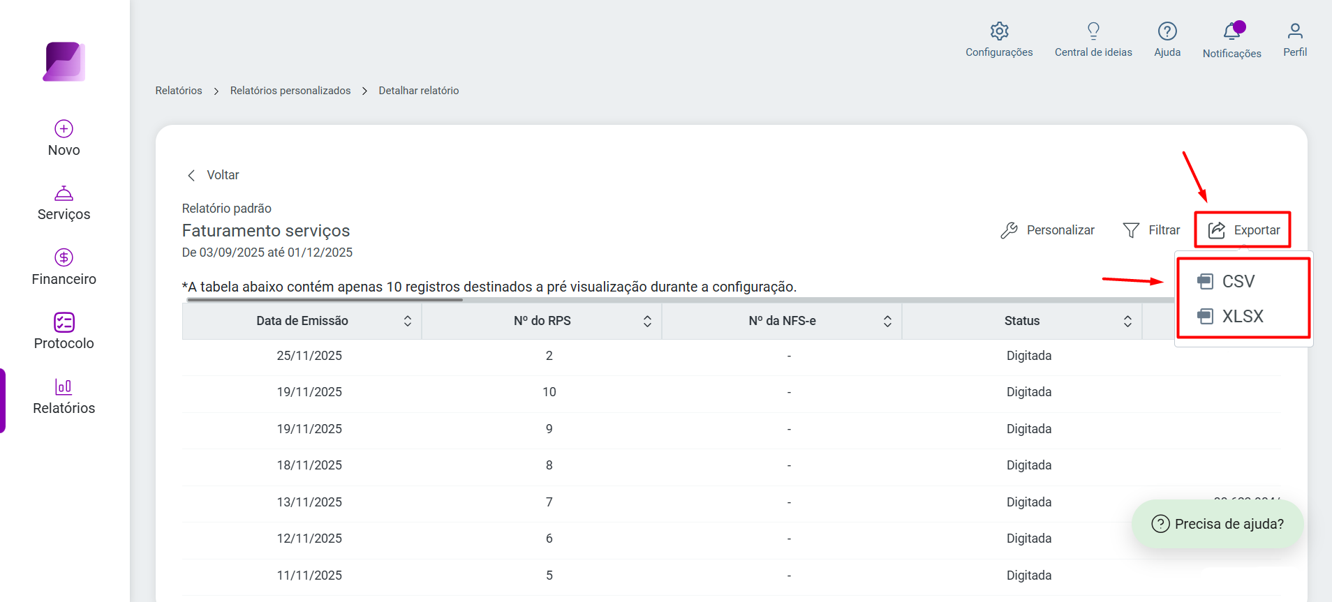 Menu suspenso do botão Exportar aberto, destacando as opções de formatos de arquivo CSV e XLSX disponíveis.