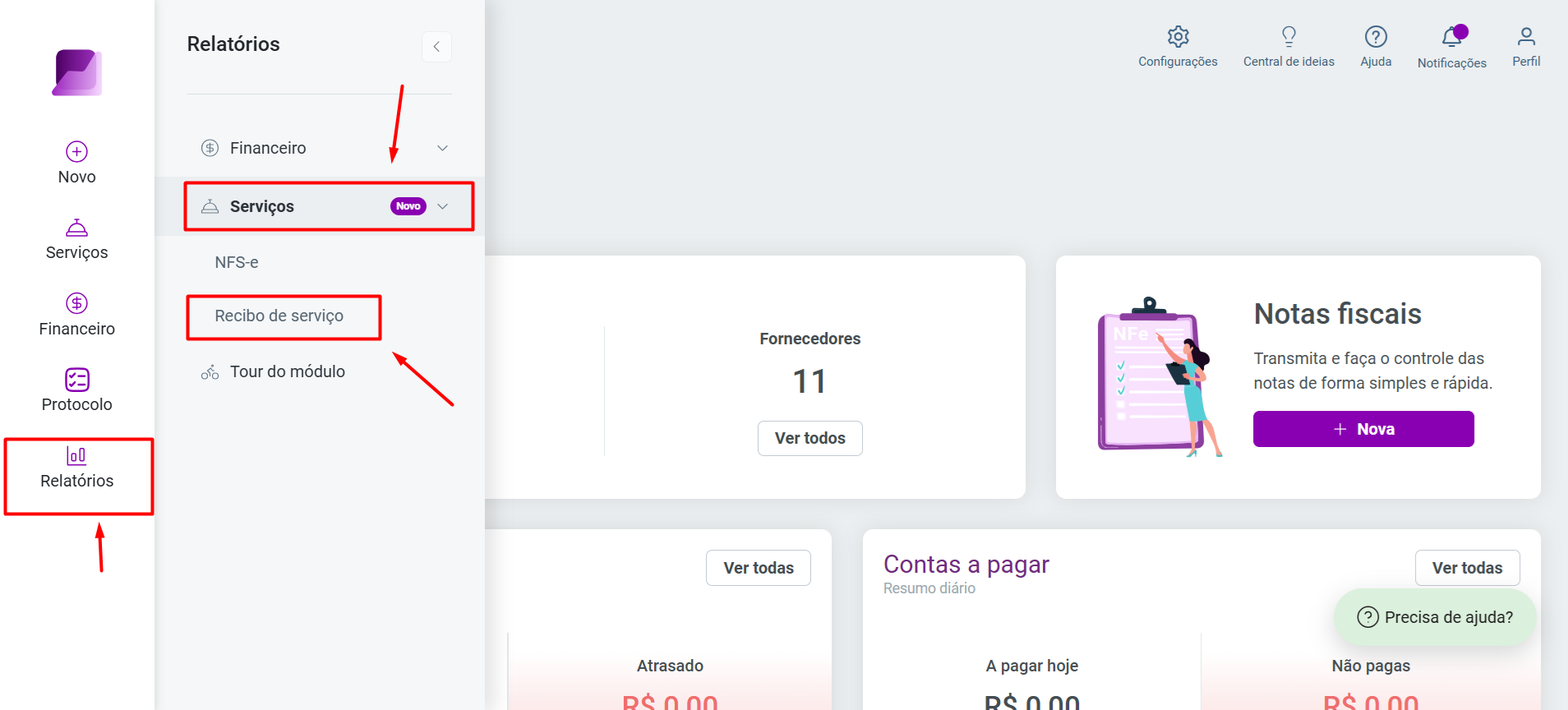 Menu lateral do sistema destacando o caminho de navegação via Relatórios, submenu Serviços e a opção Recibo de serviço.