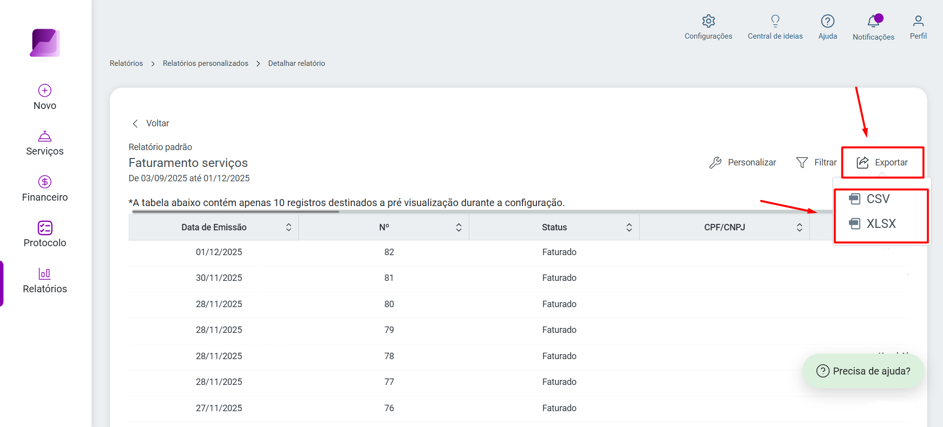 Menu de exportação expandido no canto superior direito exibindo as opções de formato CSV e XLSX em destaque.