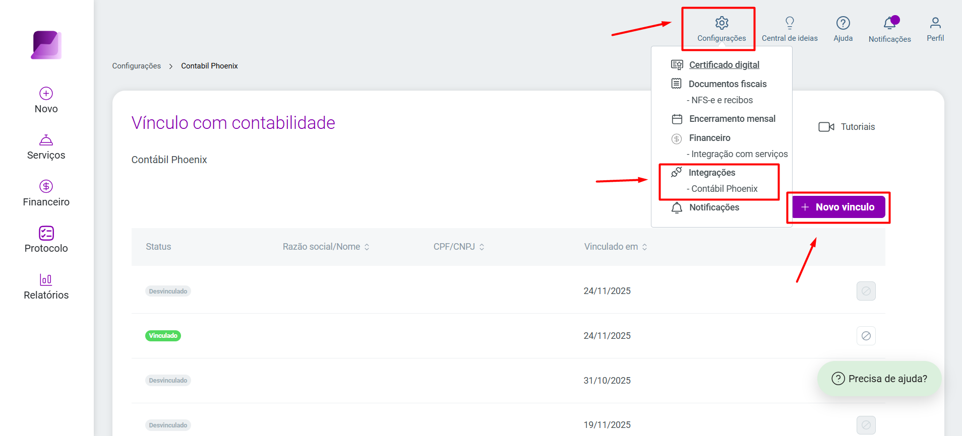 Menu Configurações acessando a opção Integrações e destaque no botão Novo vínculo na tela de Vínculo com contabilidade.
