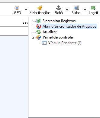 Menu de contexto do sistema exibindo a opção Abrir o Sincronizador de arquivos selecionada.