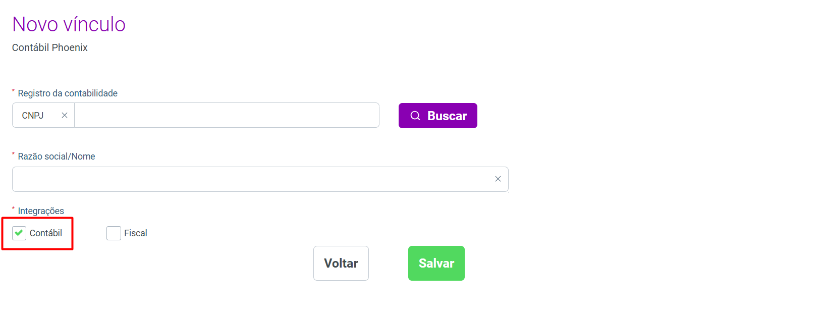 Tela Novo vínculo preenchida, com destaque para a caixa de seleção Contábil marcada na seção de Integrações.