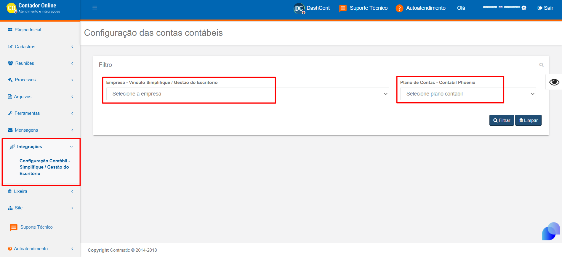 Tela de Configuração das contas contábeis com o menu Integrações expandido e filtros de Empresa e Plano de contas em destaque.