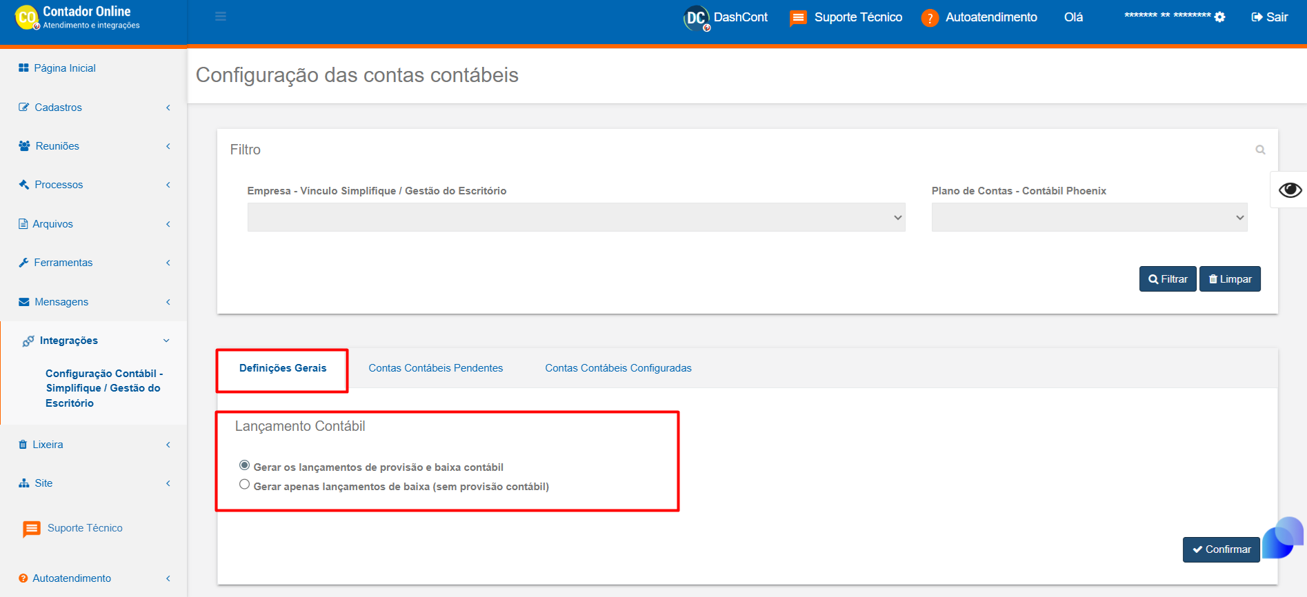 Aba Definições gerais na configuração contábil, destacando a opção para gerar lançamentos de provisão e baixa contábil.