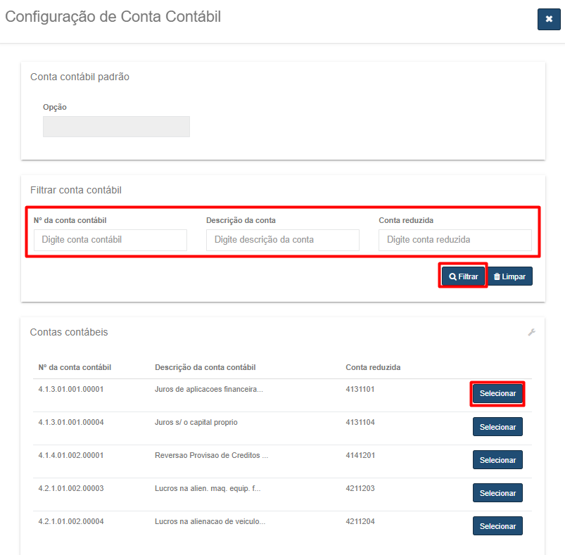 Tela 'Configuração de conta contábil' para Contas contábeis, destacando os campos de filtro por número, descrição e conta reduzida, e o botão 'Selecionar' em um lançamento.