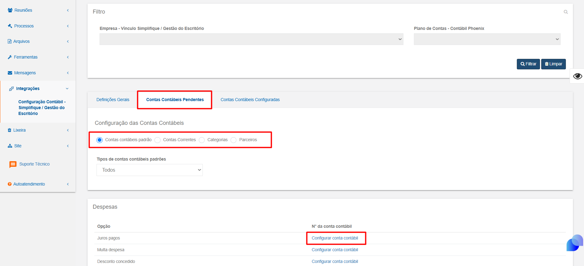 Aba Contas contábeis Pendentes destacando os tipos de contas e o link Configurar conta contábil para os itens listados.