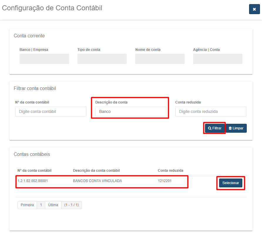 Tela 'Configuração de conta contábil' mostrando a filtragem por 'Descrição da conta' com o valor 'Banco' e um resultado ('BANCOS CONTA VINCULADA') pronto para ser selecionado.