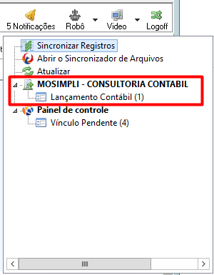 Menu de notificações do sistema, com a seção 'MOSIMPLI - CONSULTORIA CONTABIL' destacada, mostrando o item 'Lançamento contábil (1)'.