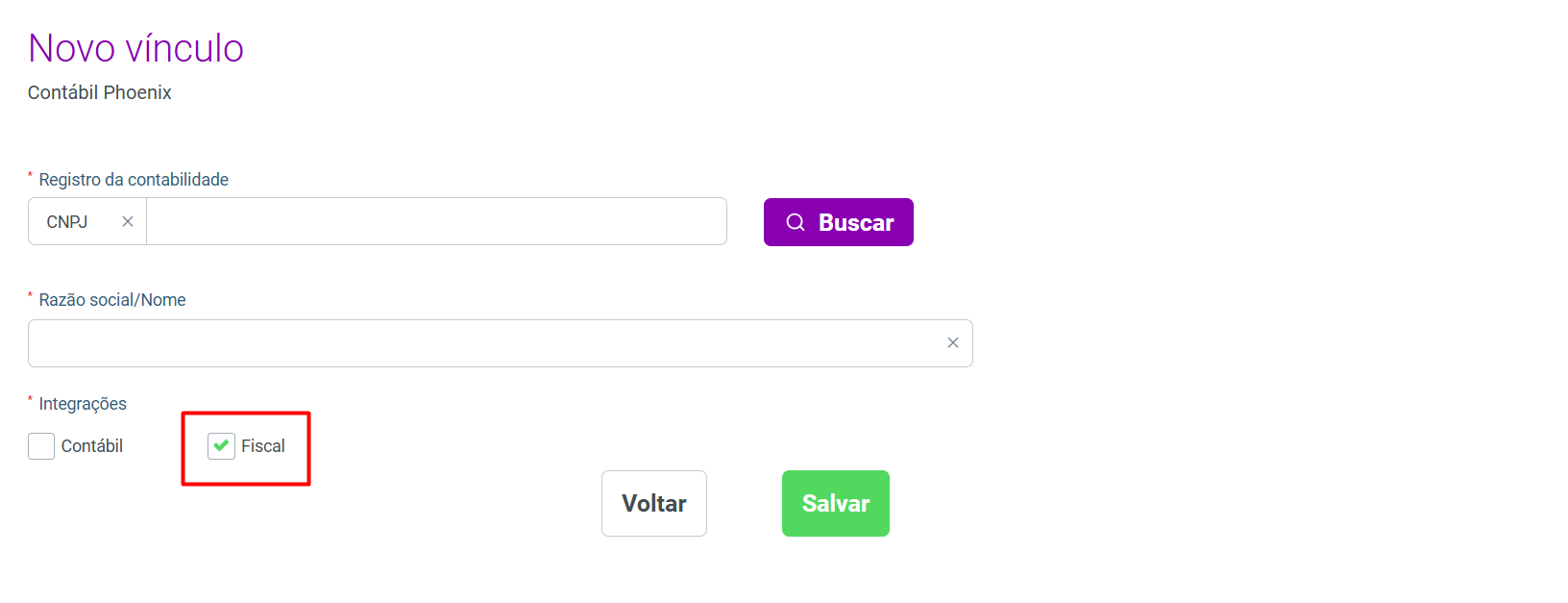 Tela 'Novo vínculo' com o checkbox 'Fiscal' selecionado e destacado na seção 'Integrações', indicando a habilitação do módulo para o cadastro.