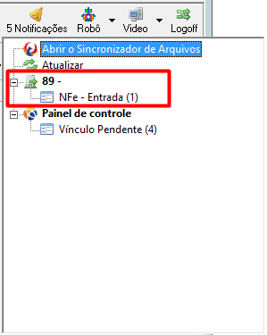 Menu de notificações do robô com destaque na pendência de 'NFe - Entrada' vinculada à empresa listada para acesso ao Sincronizador.