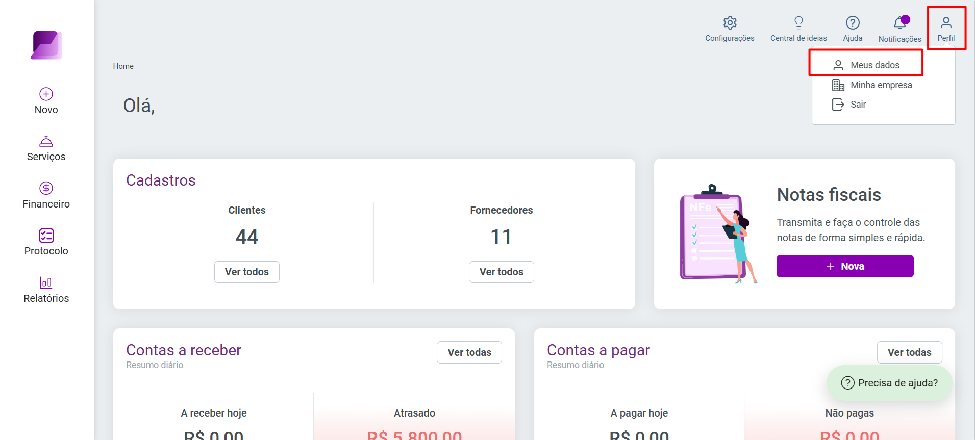 Tela inicial do sistema com o ícone 'Perfil' selecionado no topo e a opção 'Meus dados' destacada no menu suspenso.
