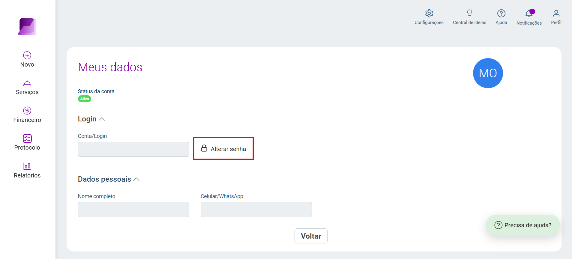 Tela 'Meus dados' exibindo informações da conta e o botão 'Alterar senha' destacado na seção de Login.