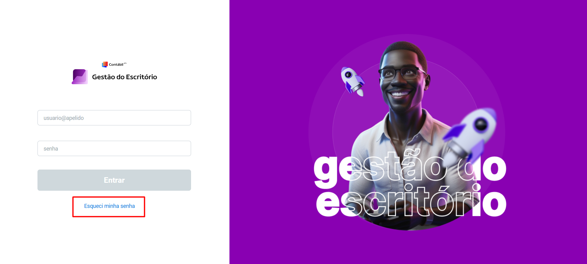 Tela de login do sistema 'Gestão do Escritório' com destaque no link 'Esqueci minha senha' para recuperação de acesso.