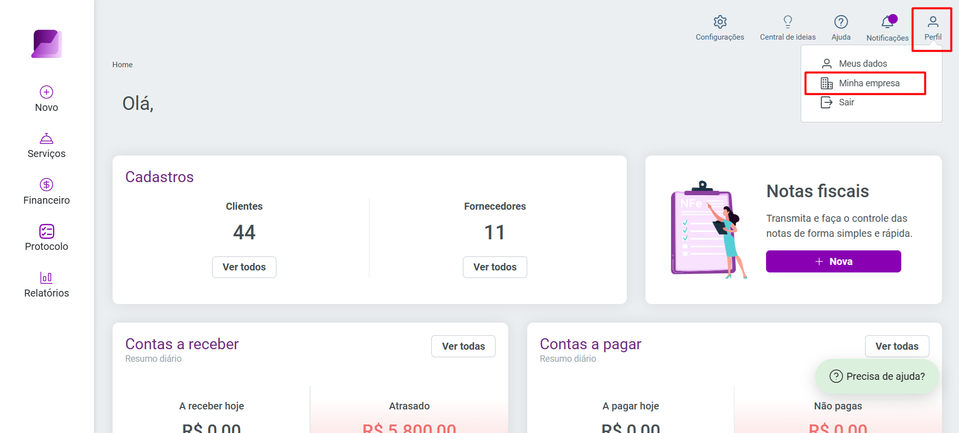 Tela inicial do sistema, mostrando o menu 'Perfil' aberto com as opções 'Meus dados', 'Minha empresa' (destacada em vermelho) e 'Sair'.