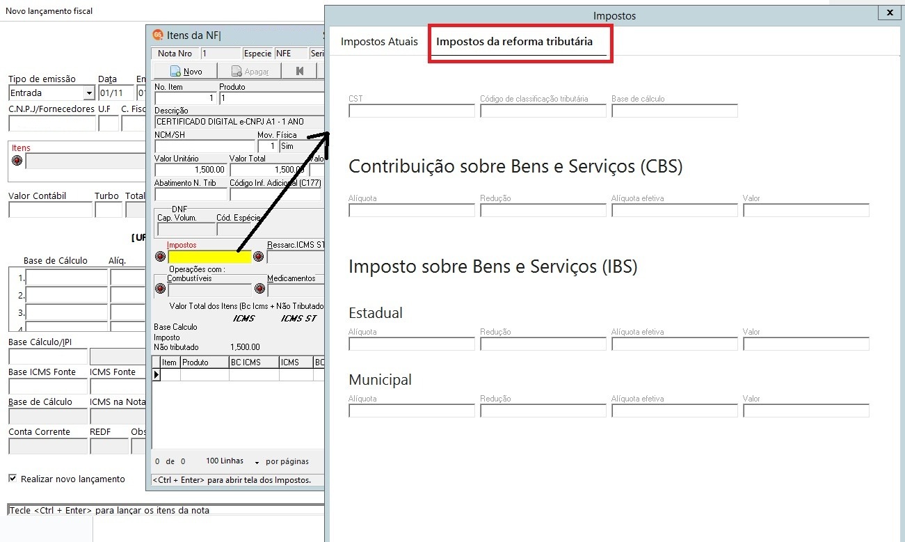 Janela de Itens da NF exibindo a aba selecionada Impostos da reforma tributária com campos para detalhamento de CBS e IBS.
