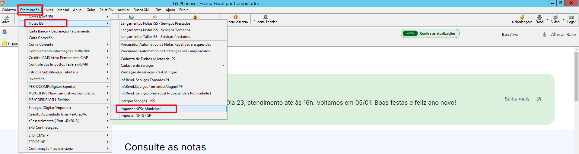 Menu Escrituração expandido, destacando as opções Notas ISS e Importar NFSe municipal para iniciar o processo.