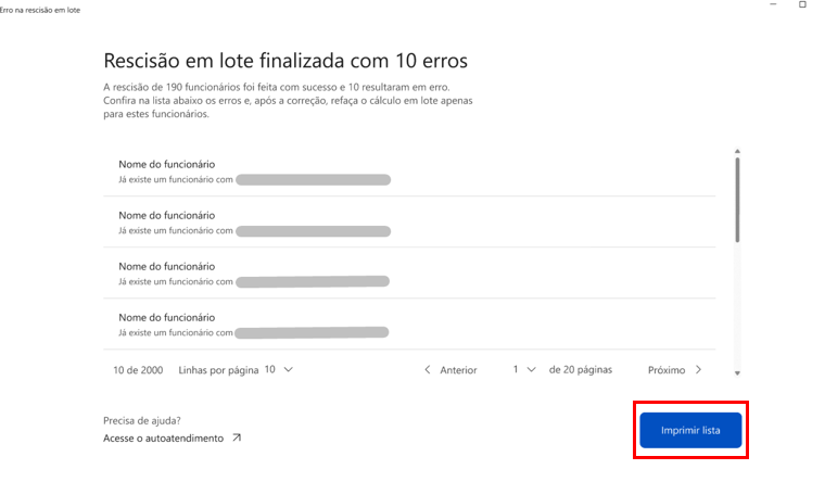 Tela de conclusão com erros na rescisão em lote, listando as falhas e destacando o botão 'Imprimir lista' para gerar o relatório de inconsistências.