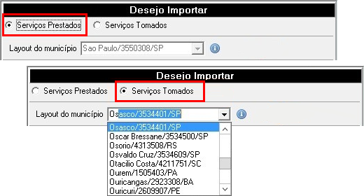 Comparativo destacando a seleção entre Serviços prestados e Serviços tomados, incluindo o campo para escolha do Layout do município.