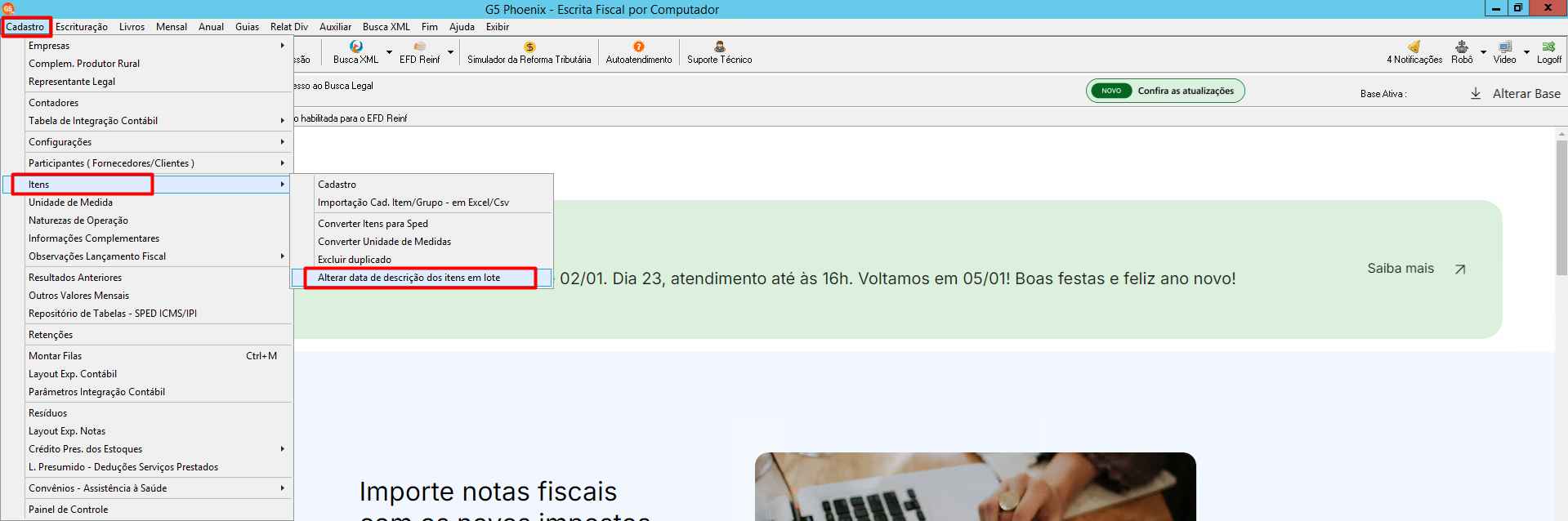 Menu do sistema G5 com o caminho Cadastro, Itens e a opção 'Alterar data de descrição dos itens em lote' destacada em vermelho.