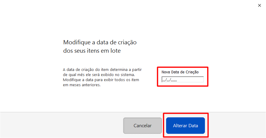 Tela de modificação de data de criação de itens em lote com os campos 'Nova data de criação' e o botão 'Alterar Data' destacados.