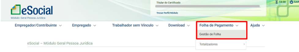 Menu Folha de pagamento com a opção Gestão de folha em destaque no portal eSocial.