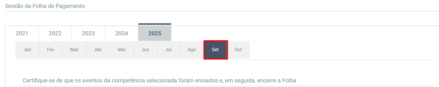 Seleção do mês de setembro de 2025 na tela de Gestão da folha de pagamento.