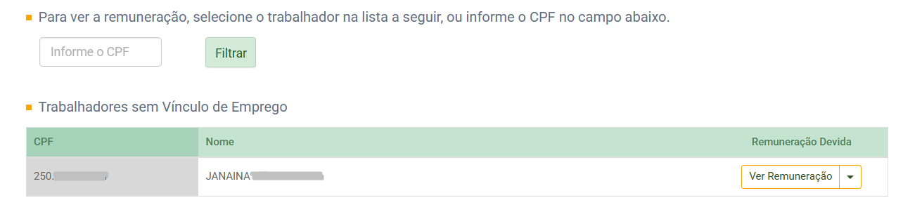 Lista de trabalhadores sem vínculo com botão Ver remuneração para consulta de detalhes.