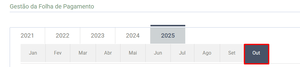 Seleção da competência de outubro de 2025 no calendário da Gestão de folha.
