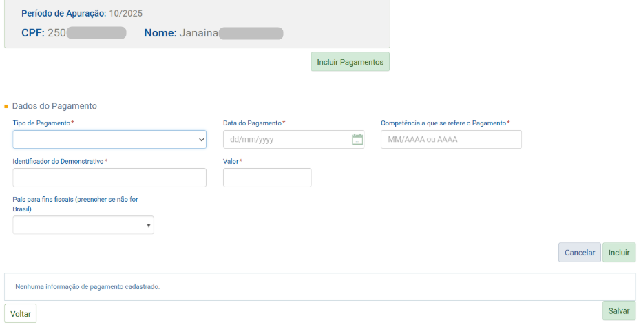 Formulário dados do pagamento com campos para tipo, data, competência, identificador e valor.