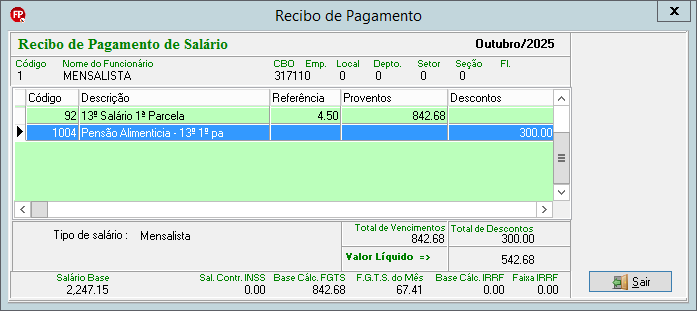 Recibo de pagamento de salário de outubro/2025 destacando os proventos de 13º salário 1ª parcela e o desconto de pensão alimentícia correspondente.