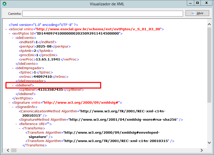 Visualizador de XML destaca a tag ideBenef, evidenciando a ausência do grupo infoPgto necessário para validar o evento S-1210.