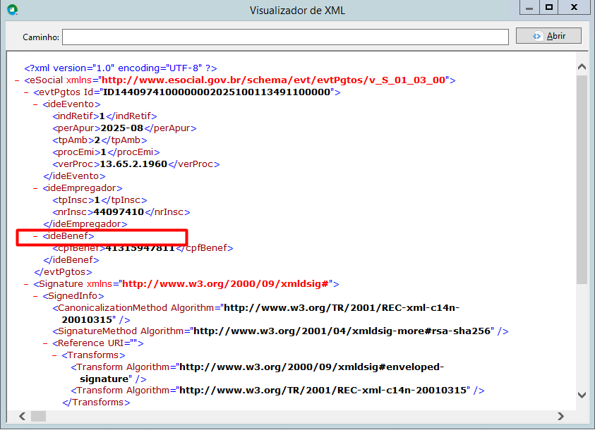 Visualizador de XML destaca a tag ideBenef, evidenciando a ausência do grupo infoPgto necessário para validar o evento S-1210.