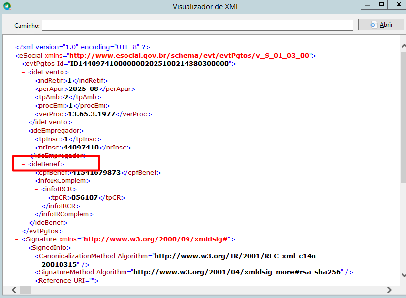 Visualizador de XML destaca a tag ideBenef, evidenciando a ausência do grupo infoPgto necessário para validar o evento S-1210.