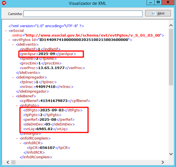Visualizador de XML destaca as tags perApur e o grupo infoPgto preenchido com data e valor, demonstrando os dados de pagamento no evento.