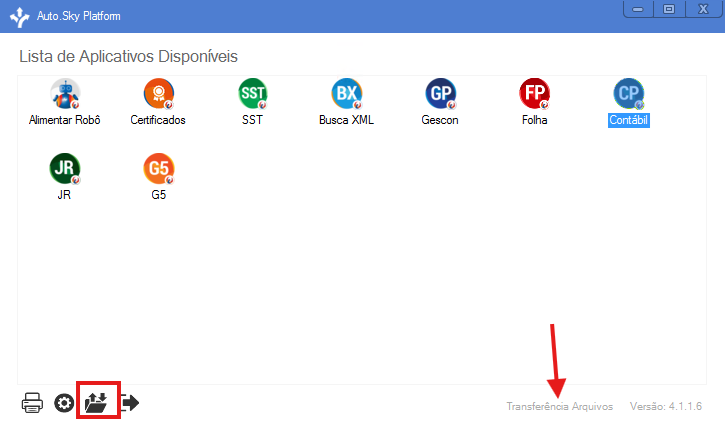 Tela Lista de aplicativos disponíveis com seta vermelha indicando a opção 'Transferência arquivos' localizada na barra de ferramentas inferior.