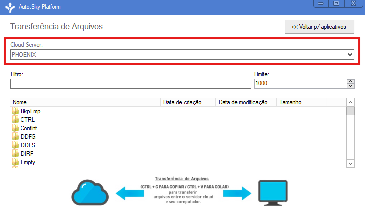 Janela Transferência de arquivos com destaque em vermelho no campo Cloud Server, exibindo a seleção do servidor 'Phoenix'.