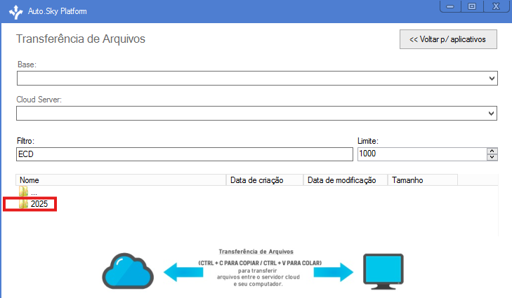 Tela de Transferência de arquivos no Auto.Sky Platform com destaque para a pasta '2025' na estrutura de diretórios do servidor cloud.